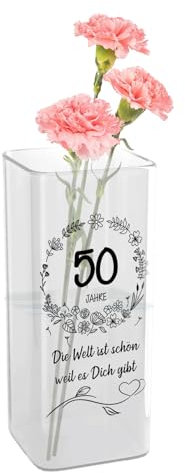Blumenvase für 50. Jahrestag, Vase zum 50. Geburtstag mit Gravur, Glasvase mit Alter und Spruch als 50 Geburtstagsgeschenk für Frauen, Geschenk für Frauen Mama Ehefrau zum 50. Geburtstag
