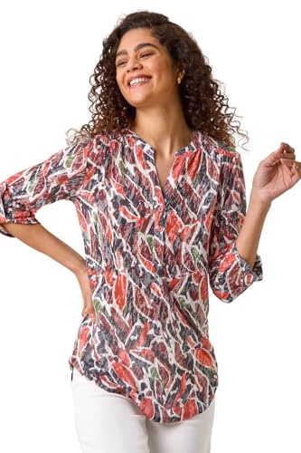 Roman Shirt for Women UK Ladies Top Collarless Blouse Stretchy Tunic Smart Casual Autumn Winter Jersey 3/4 Length Sleeve Notch V Neck Flattering Office Work - Red Multi - Size 10