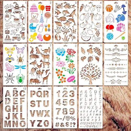Naapesi 14 Pieces Reusable Drawing Painting Stencils, Number and Letter Stencil, Stencils for Crafts, Art Journal Stencils Set, Wall Stencil for Painting, Drawing Template for DIY Craft
