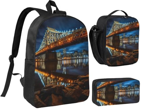 KOUUIP Portland at night bedruckte Rucksäcke mit Lunchpaket, Federmäppchen, 3-teilig, leichte Büchertasche, Uni für Reisen