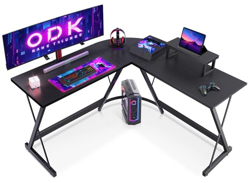 ODK L Shaped Gaming Desk, 127x127 cm Corner Computer Desk with Monitor Stand, Gaming Table with Storage Bag for Gaming, Home, Office, Carbon Fibre Black