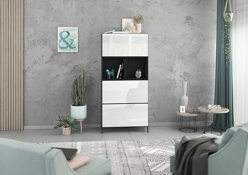BMG Möbel Modul+ Highboard Set 5 TLG. in Anthrazit oder Weiß, Fronten wählbar in 4, wandhängend oder mit Fußset (Anthrazit - Weiß Hochglanz, Mit Füßen)