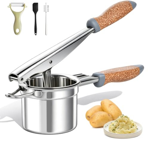 ANJUKE Potato Ricer Stainless Steel with Fixed Disc, Heavy Duty Potato Masher with Wood‑Plastic Handle, Includes Ceramic Scraper, Silicone Spatula & Cleaning Brush for Mashed Potatoes
