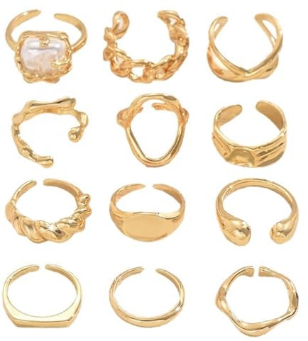 LIUYIDM 12 Stück Offene Verstellbarer Ring Boho Freundschaftsringe | Stapelbare Mode Vintage Knuckle Ring Modeschmuck Gold Ringe Damen, für Frauen und Mädchen, Geburtstagsgeschenke