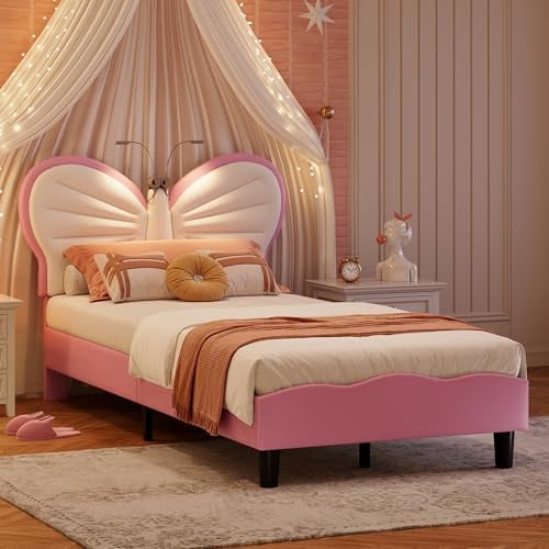 BestAlice Gepolstertes Bett für Mädchen, 90 x 200 cm, Bett für Mädchen mit Lattenrost und verstellbarem Kopfteil Schmetterling, gepolstertes Einzelbett mit Leselampe, Samtbett, weiß-rosa