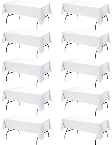 Dailyset 10-Pack White Tablecloths for Rectangle Tables, 60 x 102 Inches, Stain-Resistant Polyester Fabric for 6 Foot Tables - Washable Table Covers for Weddings, Banquets, Birthday, Parties, Events