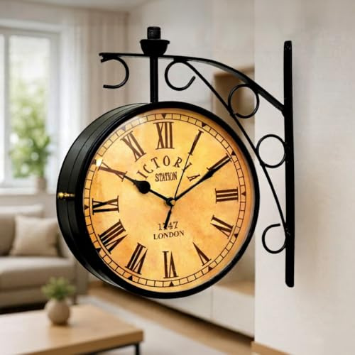 FOLSSON Antique Double Sided Railway Wall Clock – Vintage Style Black Metal, Roman Numerals, Indoor/Outdoor Decorative Clock for Home, Office & Garden – 8 Inch with Wall Mount