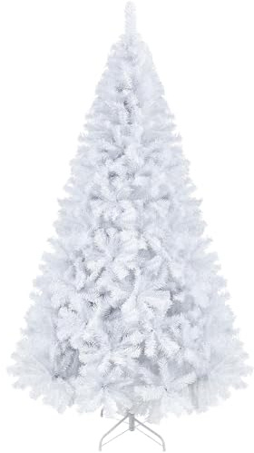 Yaheetech 7ft Hinged Spruce Christmas Tree, Unlit Tree, White | 219cm Artificial Xmas Tree | 1446 PVC Branch Tips | Foldable Stand | Festival & Home & Office Decoration