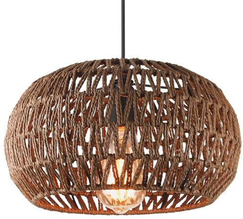 CHUERAK Lampadari A Sospensione A Forma di Cesto retrò Illuminazione A Sospensione in Rattan del Sud-EST Asiatico Lampadario con Paralumi Naturali Intrecciati A Mano Lampade A Sospensione A Cupola