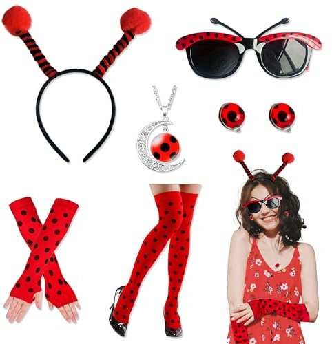 JNYUTEEN 6 Stück Marienkäfer Kostüm, Ladybug Kostüm Erwachsene, Marienkäfer Haarreif Brille Ärmelstulpen Kniestrümpfe Ohrringe Halskette für Halloween Karneval Cosplay Mottoparty