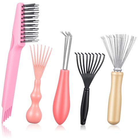 Matwsec 5 Pcs Hair Brush Cleaner Tool Set, HairBrush Cleaner Rake Comb Cleaning Brush Mini Comb Cleaner for Removing Hair Dust from Different Combs Home and Salon Use, Hairstylist Essentials
