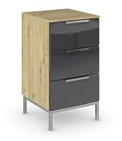 Rauch Möbel Flipp, Nachttisch, Glas Basalt/Eiche Artisan, Maße 40x72x42 cm | Nachtkommode, 3 Schubladen, Soft-Close-Funktion, Griffe und Metallkufe Chrom, für Schlafzimmer, Jugendzimmer, Gästezimmer
