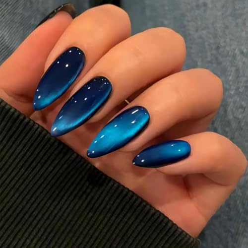 Nymora Cat Eye Press on Nails, 24-piece pack, blue glitter false nails, almond-shaped, medium length, glossy finish, suitable for women and girls.