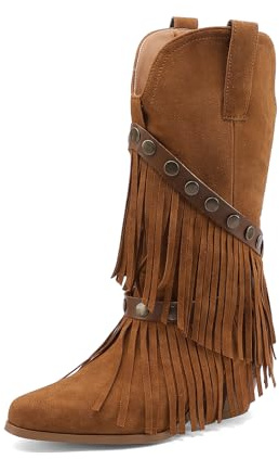 TNMIUH Stivali Western con Frange Donna metà Polpaccio Stivali da Cowboy con Zeppa Interna Camoscio Boho Chic,Marrone,35 EU