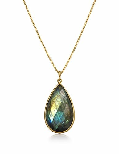 happymaker - Lange Kette mit Anhänger, Labradorit und Rosenquarz, vergoldete Edelstahlkette (70 cm), Naturstein Schmuck Geschenk für Frauen