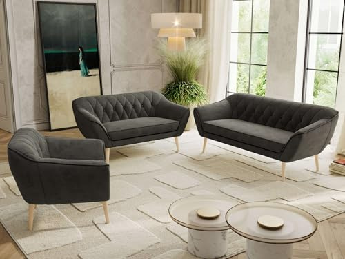 MKS MEBLE Sofagarnitur PIRS 3 + 2 + 1 - Couchgarnitur im skandinavischen Design, Gesteppte Polsterung, Wellenfederung, Wohnzimmer Sofa Set - Buche Beine, Dunkelgrau Velvet