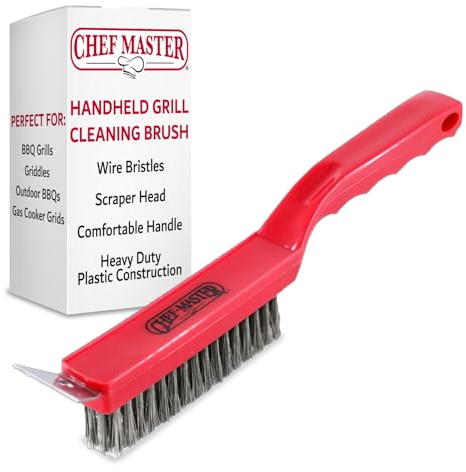 Chef Master Commercial Grill Brush with Scraper Head – Heavy-Duty Wire Bristle Cleaner - Commercial Grill Cleaner - Ergonomic Handle, Tool & Accessories - 90044
