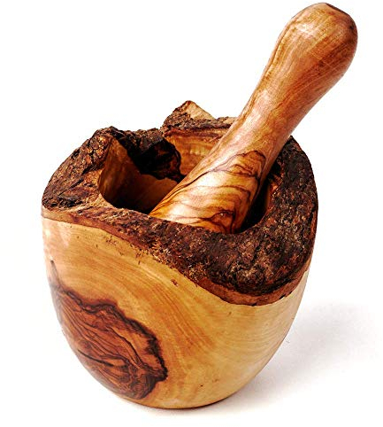 Mortaio e Pestello in Legno, Legno di Ulivo, Naturale Bordo - Sfumature Di Marrone, ca. 16cm Durchmesser