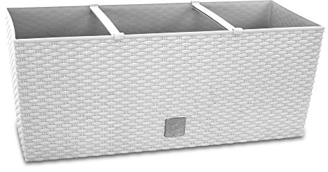 Rattan Optik Blumenkasten 60 cm Weiß + Bewässerungssystem + Wasserstandsanzeiger