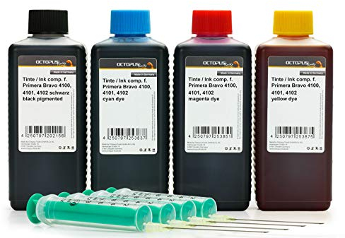 Octopus 4X 250 ml Nachfülltinte, Druckertinte für Primera Bravo 4100, 4101, 4102 Disc Publisher, 53604, 53601, 53602, 53603 Druckerpatronen, Komplettset mit Tinte Spritzen