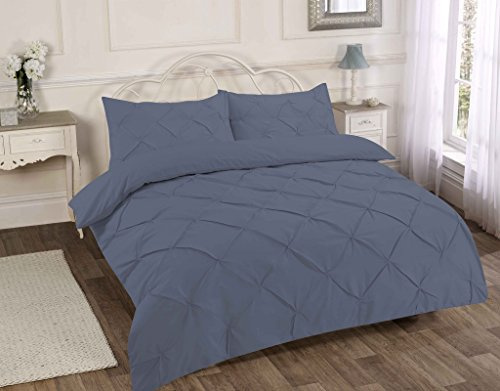Duvet Cover Set Plain Pintuck Polycotton Bedding (Grey, King)
