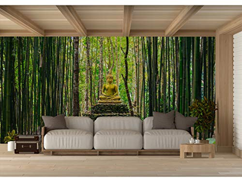 Sticker mural en vinyle décoratif Bouddha en forêt de bambous pour salle à manger, salon, chambre à coucher 100 x 70 cm