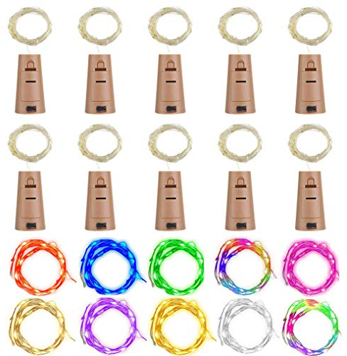 Lot de 10 LED Bouteille Guirlande Liège Lampes, RcStarry 1M 10 LED Lampes de Bouteille,Argenté Fil Guirlandes Lumineuses pour DIY Décorer Fête, Barbecue, Jardin, Chambre, Noël, Halloween (10 couleurs)