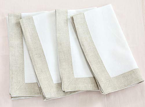 Solino Home Decorative Linen Dinner Napkin – Festive Edge, 20 x 20 Inch Set of 4 Napkin Woven with Decorative Zari Border – White with Natural