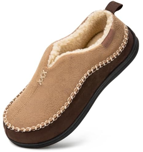 EverFoams Men's Micro Suede Memory Foam Moccasin Slippers with Fuzzy Sherpa Lining and Anti-skid Sole Tan Size 11 UK