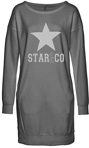 DOTIN Damen Sweatkleid Langarm Sternen Druck Sweatshirt Hoodie Kleid Casual Herbst Pullover Kleider Mini Lange Tops, Grau, L