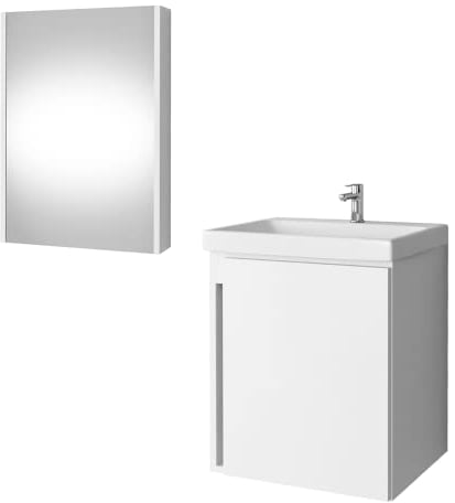 Planetmöbel Waschtisch mit Unterschrank 50 cm inkl. Spiegelschrank 50cm, Badmöbel Set mit Waschbecken, hängend, weiß