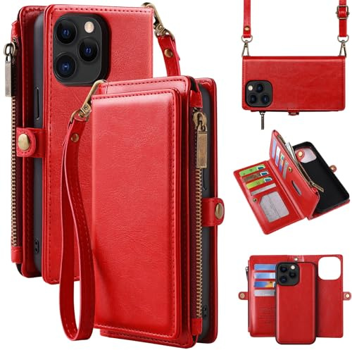 MInCYB Compatible iPhone 12/iPhone 12 Pro Case, Folio Flip Wallet, Leather, Red, Magnetic, Card Slot, Detachable Wristband