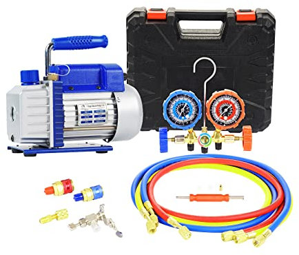 P PBAUTOS 3.5CFM 1/4HP Single-Stage Vacuum Pump with 3-Way Manifold Gauge Set for HVAC Refrigeration - Compatible with R12, R22, R134A, R502, Ideal for Recharging and Maintenance, Oil Not Included