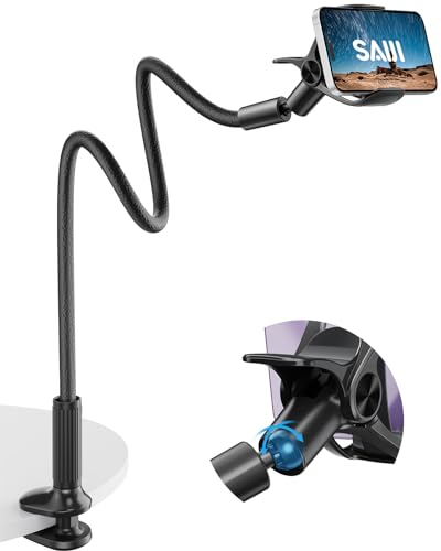 SAIJI Soporte Móvil con Cuello de Cisne, 95 cm Brazo Flexible, Cuero de PU, Estable y Duradero, rotación Ajustable de 360° para iPhone 13 Pro MAX, 12 Mini, 12 Pro MAX, Huawei, Samsung Negro