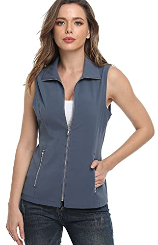 Dilgul Weste Damen Sommer Weste Jacke Stehkragen Leichte Reißverschluss Ärmellose Jacke mit Taschen Blau Medium