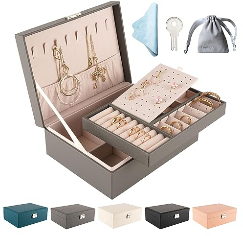 Jewellery Organiser, 2 Layer PU Leather Jewellery Box with key, Jewelry Box for Women, Jewellery storage Organiser for Necklace Earrings Bracelet Ring Accessories