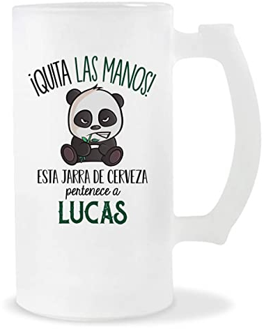 Planetee Jarra de Cerveza | Nombre Lucas | Vaso con un Panda bonito pero gruñón. Original idea para regalar a un amigo, familiar o colega