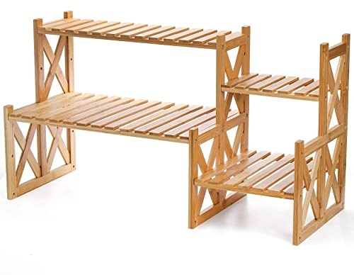 Lawei 2 Tier Bamboo Tabletop Plant Stand, Adjustable Flower Pot Holder Shelf Planter Display Stand, Small Desktop Ladder Plant Rack for Indoor Outdoor Home Patio Lawn Garden Balcony Organizer
