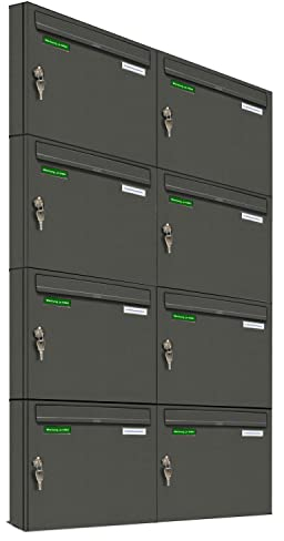AL Briefkastensysteme Basic 8er Briefkasten DB 703 Eisenglimmer Grau 8 Fach DIN A4 wetterfest Briefkastenanlage mit Posthaltebügel und 2 Namensschildern