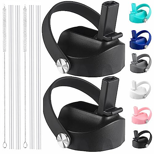 Straw Lid Compatible with 12 16 18 32 40 oz Wide Mouth Hydro Flask, Lids with Straw for Water Bottle Accessories, Replacement Straw Cap with Flex Handle for Hydroflask, Black - 2 Pack