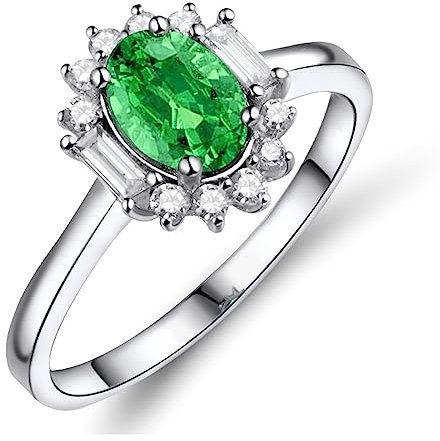 Diamond Ring For Women, Vorsteckring Gold 750 18 Karat Weißgold Smaragd 0.69ct Ovaler Smaragd Runddiamant Komfort Fit Größe 47 (15.0)