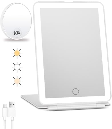 FUNTOUCH Wiederaufladbarer Kosmetikspiegel mit einem kleinen 10x Vergrößerungsspiegel, 2000mAh Reisespiegel mit Beleuchtung, 3 Farblichter Schminkspiegel, Ultraschlanker Tragbarer Make up Spiegel