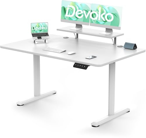 Devoko Scrivania Regolabile in Altezza 140 x 60cm con Supporto per Monitor, Scrivania da Ufficio Regolabile in Altezza, Scrivania Gaming per Computer, per il Telelavoro(140x60cm,Bianco)