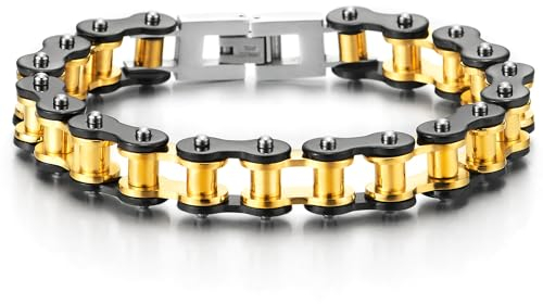 COOLSTEELANDBEYOND Classico Catena di Bicicletta Bracciale da Uomo, Acciaio Inossidabile, Oro Nero, Lucidato a Specchio