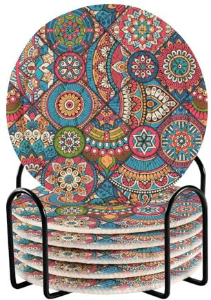Lot de 6 Sous Verre Ronds Absorbants avec Support pour Bar ou Café, Motif Mandala Marocain Bohème