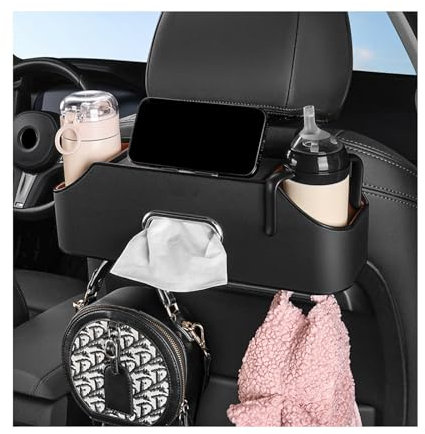 Suvnie Car Seat Back Organizer (Black) - Multi Functional Storage with 2 Cup Holders, Tissue Box, Storage Box Hook & Collapsible Cell Phone Holder - Universal Fit for Family Adventures