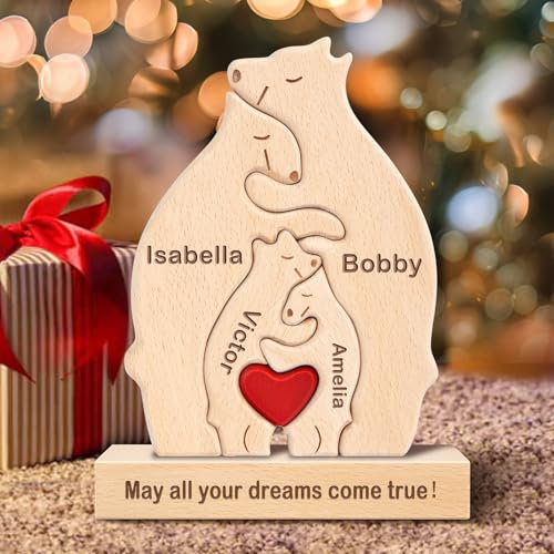Kowlone Personalisiertes Holzkunstpuzzle der Bärenfamilie Geschenk mit 1-8 Namen, We Are One Holz Bär Tier Skulpturen Desktop Ornament Heim Tischdekoration Ideen für Weihnachts Jubiläum Geburtstag