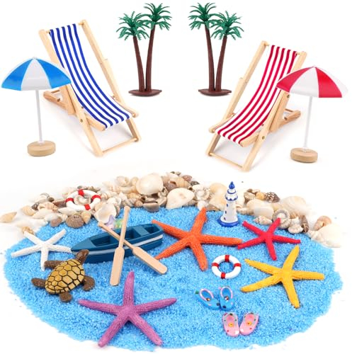 43 Stück Strand Mikrolandschaft, Miniatur Strand Deko, Mini Liegestuhl Strandkorb Sonnenschirm Kleine Palme Muscheln Deko Accessoires, für DIY Garten Beach Dekoration