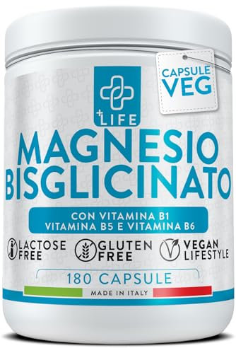 Magnesio Bisglicinato Capsule 180 PiùLife, 300mg Con Vitamina B6, B1, B5, Organico, Integratore Muscoli, Sistema Nervoso, Stress, Ossa, Come Magnesio Glicinato E Chelato