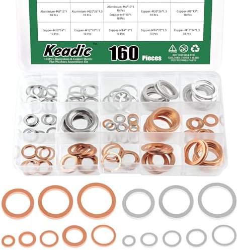 Keadic 160 pezzi, 16 misure, olio di scarico Plug Crush Washer Assortment Set, Copper & Aluminum Flat Gasket Seal for Cars Track and Motorcycle, M6 M8 M10 M12 M14 M16 M18 M20